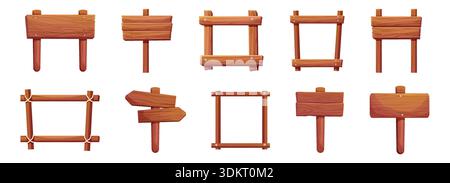 Set aus texturierten Holzplatten, Schildern mit Zeiger, Zaun mit Nägeln. Rustikales Brett, Planke mit Platz. Benutzeroberfläche des Spielmenüs, Elemente für Design-Elemente. Vektorabbildung Stock Vektor