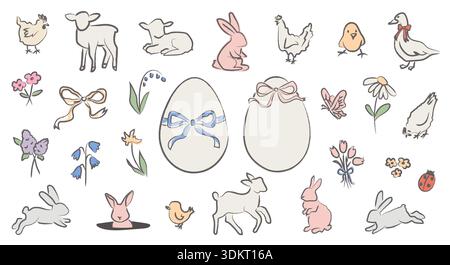 Skurrile handgezeichnete Ostern Illustration Set mit skizzenhaften Bauernhoftieren, dekorativen Eiern, Bogen- und Frühlingsblumenelementen im naiven Doodle-Stil mit Stock Vektor