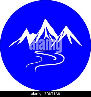 Minimalistisches Bergmassiv und verwinkelter Fluss mit zerklüfteten Gipfeln, die in einem Solid Blue Circle für Reisen, Natur und Outdoor-Abenteuer eingeschlossen sind Stock Vektor