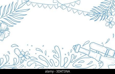 Spritzer und Spritzer von einer Wasserpistole, Palmblättern und Girlanden. Vektorabbildung. Urlaubskarte isoliert auf weißem Hintergrund. Konzept des Sommers, W Stock Vektor