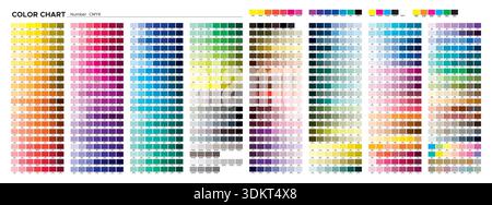 Farbdiagramm. CMYK-Farben auf beschichtetem Papier. Testseite drucken. Farbabgleich in der Druckvorstufe, Auswahl von Mustern, Qualitätskontrollfarben für den Druck. Vektor Stock Vektor