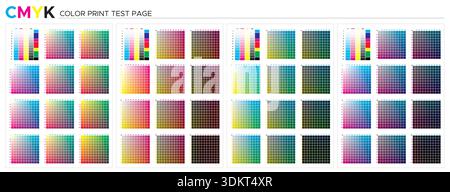 Farbdiagramm CMYK. Testseite CMYK-Prozess Druckabgleich. Cyan, Magenta, Gelb, Schwarz. Drucktabellenpalette, Farbmanagement, Qualitätskontrolle beim Drucken Stock Vektor