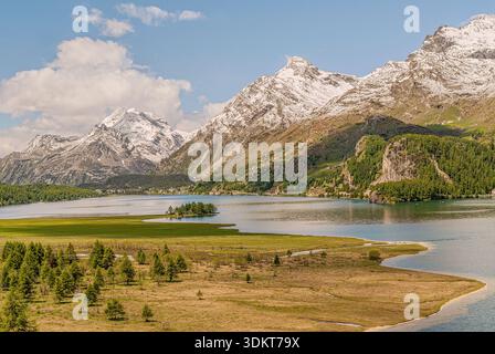 Blick auf den Silsersee im Engadin, Schweiz, mit alpiner Landschaft mit schneebedeckten Bergen im Oberengadiner Tal Stockfoto
