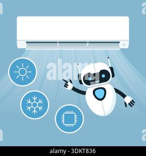Intelligente Klimaanlage zu Hause: AI-Roboter, der auf die Inneneinheit zeigt, und eine Reihe von Symbolen Stock Vektor