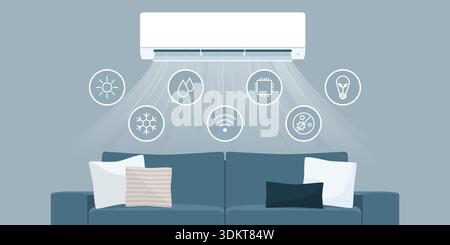 Klimaanlage mit geteiltem System im Wohnzimmer und Symbolen Stock Vektor