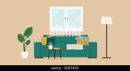 Wohnzimmereinrichtung mit Couch und Pflanzen: Wohnkultur und Entspannungskonzept Stock Vektor