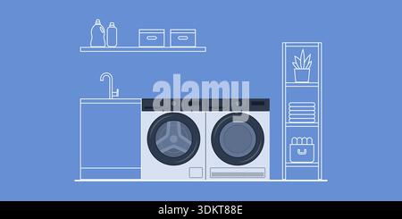 Waschmaschine und Trockner im Waschraum, intelligente Geräte und Hausautomatisierungskonzept, isoliert Stock Vektor