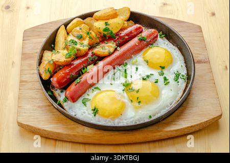 Spiegeleier mit Würstchen und Kartoffeln in einer Pfanne Stockfoto