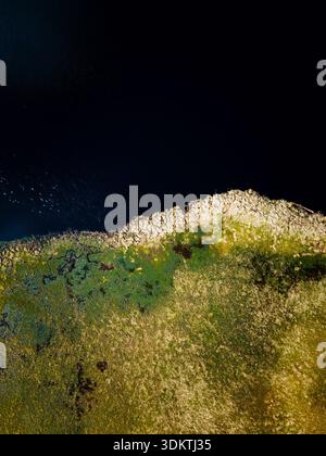 Aus der Vogelperspektive auf eine zerklüftete Küste mit felsigem Gelände, lebhafter grüner Vegetation und ruhigem, dunklem Wasser mit subtilen Wellen am Rand. Stockfoto