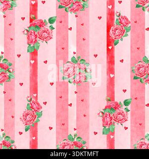 Nahtloses Muster mit Rosenstrauß und Herzen auf gestreiftem Hintergrund. Schäbige schicke romantische Textur für Stoff und Schreibwaren. Stockfoto