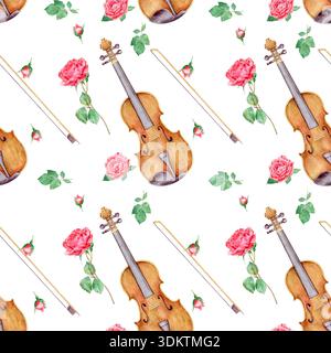 Nahtloses Muster mit handgemalten Aquarellviolinen, roten Rosen und grünen Blättern. Romantischer Vintage-Hintergrund für Stoff und Geschenkpapier Stockfoto