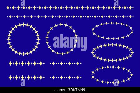 Ein Set mit goldener Sternenlinie und Rahmen mit glänzenden Sternmotiven. Umfasst kreisförmige, ovale und geometrische Rahmen mit klaren Linien und Elega Stock Vektor