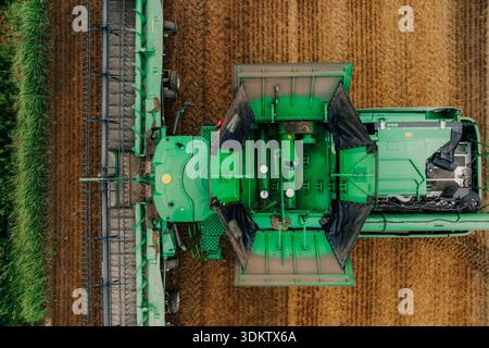 Luftaufnahme eines grünen Mähdreschers, der auf einem Feld mit sichtbaren Reihen von geerntetem und unbeerntetem Erntegut arbeitet, in kontrastierenden Grün- und Goldtönen. Stockfoto
