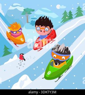 Niedliche Charaktere auf Schlitten. Szene in Bergen mit Schnee. Bobbahn und Winterwettbewerbe. Vektor-flache Illustration auf Hintergrund für Kinderbuch. Stock Vektor