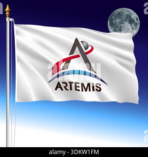 ARTEMIS Mission White Fahne auf dem Raum und Mond Hintergrund, USA, Vektor Illustration Stock Vektor