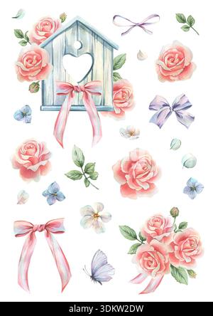 Ein hölzernes Vogelhaus mit Bögen, Rosen und Schmetterlingen in sanften Pastelltönen. Handgemalte Aquarellillustration. Aufkleberpackung, ein Set Design Stockfoto
