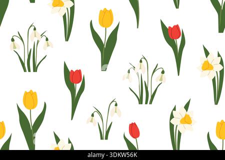 Nahtloses Frühlingsmuster mit bunten Tulpen, Narzissen und Schneeglöckchen Blumen - Vektor-Illustration Stock Vektor