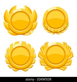 Set aus Goldmedaillen mit Lorbeerkranz. Spielpreis für die Gewinner. Illustration des Preises für Sportwettbewerbe. Stock Vektor