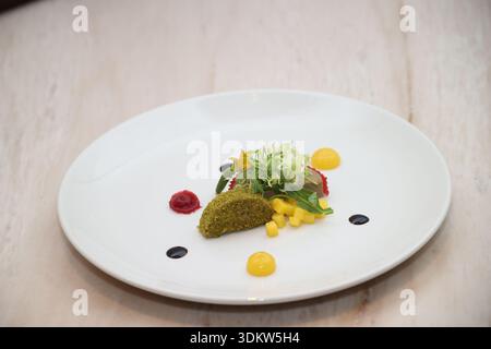 Gourmet-Vorspeise kunstvoll auf weißem Teller angeordnet, mit einer raffinierten Mischung aus Farben, Texturen und Zutaten, die einen raffinierten Stil darstellen Stockfoto