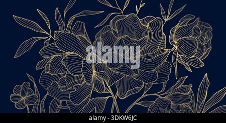 Luxuriöses Blumenmuster mit goldenen Pfingstrosenblüten, chinesische und japanische Kunst, dunkelblauer Hintergrund. Elegante Vektorillustration mit zart Stock Vektor