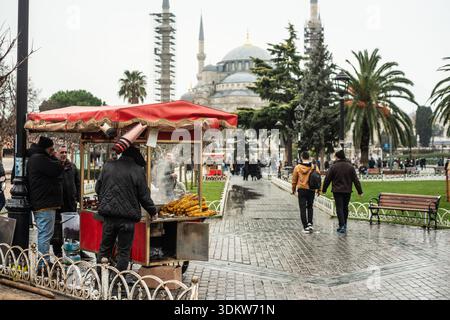 Ein Stand verkauft geröstete Maiskolben vor der Blauen Moschee. Istanbul, Türkiye Stockfoto