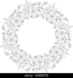 Die schwarze Silhouette von Ostereiern, Blumen und Kräutern bildet einen runden Rahmen. Kreisende, festliche Kontur mit Tinte. Vorlage für Postkarte, Flyer, Einladung Stock Vektor