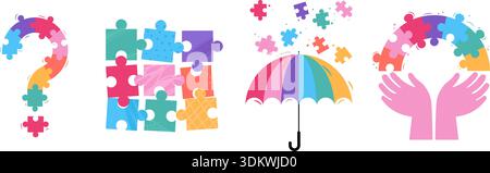 Symbole für das Bewusstsein des Weltautismus. Fragezeichen, Regenschirm und Hände mit bunten Puzzleteilen. Stock Vektor