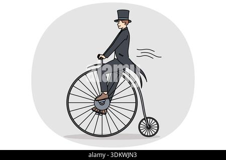 Ein Mann im Frack fährt mit einem Vintage-Penny-Fahrrad und stellt sich eine Zeitreise ins letzte Jahrhundert vor. Guy benutzt ein schickes Fahrrad, während er auf der Zirkusbühne auftritt, um das Publikum zu überraschen, das kam. Stock Vektor