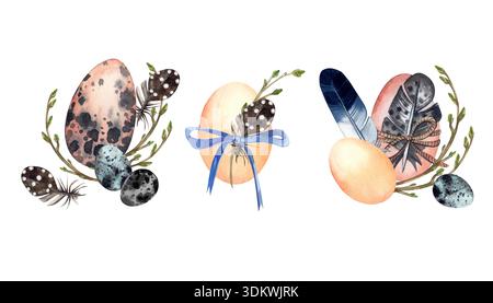 Eine Reihe von Aquarellen mit Ostereiern, Federn, Bögen und Frühlingssprossen. Alle Objekte sind handbemalt in Aquarell für einen Ostergruß Stockfoto