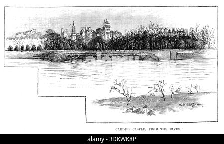 Cardiff Castle vom Rivver Taff aus gesehen, Cardiff, Südwales. Schwarz-weiß-Illustration aus unserem eigenen Land Band 5, veröffentlicht von Cassell, Petter, Galpin & Co. Im späten 19. Jahrhundert. Stockfoto