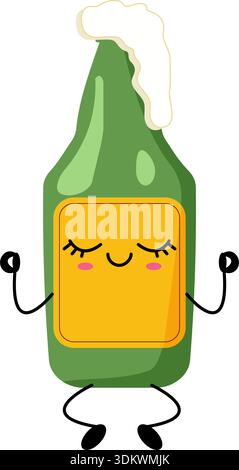 Niedliche grüne Bierflasche, die mit geschlossenen Augen und Schaum meditiert. Lustiges Kawaii-Getränk-Maskottchen isoliert auf weiß, perfekt für Aufkleber, Menüs und p Stock Vektor