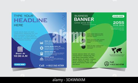 Digitales Business Marketing Banner für Post-Vorlagen in sozialen Medien, Design für Business Webinar-Vorlagen für Marketing, Post-Design in blauer und grüner Farbe, Stock Vektor