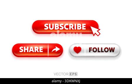 Moderne, hochglänzende 3D-Tasten für soziale Medien mit Abonnieren, Teilen und Folgen. Ideal für Web und Benutzeroberfläche. Vektorabbildung. Stock Vektor