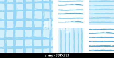 Blaues handgezeichnetes nahtloses Muster-Set. Pinselstrich und Gingham-Raster für ein männliches Pastellmotiv. Abstrakte Streifen, nahtlose Rückseite malen Stock Vektor