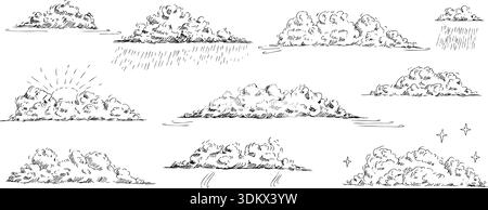 Wettervorhersage oder Skizze. Handgezeichnete Wolken mit Regen und Sonne in einfacher Bleistiftzeichnung. Himmelselemente mit Stiftlinie. Windiger Sturmhimmel. Vektorillus Stock Vektor
