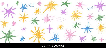 Pastellpinsel magische Sterne. Handgezeichneter Buntstift-Funkenfallsatz. Bleistift Scribble Tinkles Kollektion. Die Aufkleber für Kinder blinken. Weihnachten kindisch blu Stock Vektor