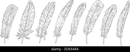 Feathers Doodle Tusche Set. Elegante Illustration mit detailgetreuer Tinte. Vintage-inspirierte Skizze mit dekorativem Federmuster, perfekt für Stock Vektor