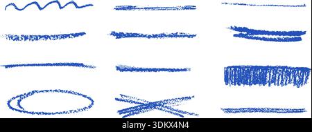 Handgezeichnete blaue Unterstriche. Buntstift Pinsel Pinsel Kontur Kreide durchgestrichen Handstift gezeichnet Highlight Formen für Schulprojekte und kreativ Stock Vektor