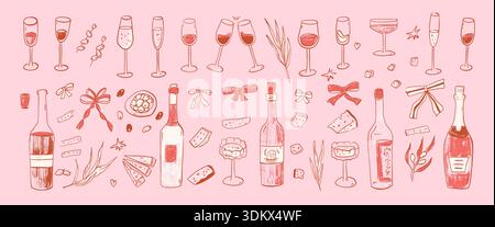 Wein, Käse, Bogenkokett-Doodle-Set. Skurrile handgezeichnete Buntstifte mediterrane Getränke Verkostung Party. Skizzieren Sie Girly Line Cocktail Scribble Illustratio Stock Vektor