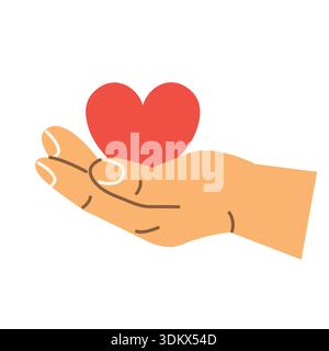 Herz auf offener Hand als Symbol für Liebe, Fürsorge und Unterstützung, emotionale Verbindung und Freundlichkeit Konzept, Wohltätigkeit, Gesundheit, Beziehungen und Soziales Stock Vektor
