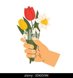 Hand hält Strauß aus Tulpen, Narzissen und Schneeglöckchen als Symbol der Frühlingsfrische und Eleganz, florale Vektor-Illustration für Poster, Gruß Stock Vektor
