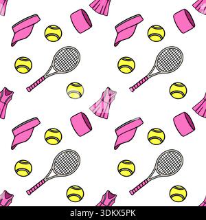 Nahtloses Vektormuster von pinkfarbenen Tennisoutfits, Visieren, Stirnbändern, Schlägern und hellgelben Bällen Stock Vektor