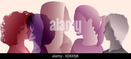 Multikulturelle weibliche Silhouetten im Profil, die Identitätsverbindung und Diversität darstellen Stock Vektor