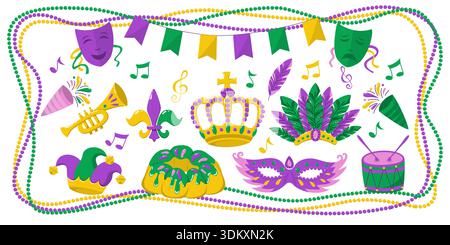 Mardi Gras festliche Elemente mit Masken, Krone, Perlen, Königskuchen, Trompete, Trommel, Narrenhut, Federn und Faden in traditionellem Lila, Grün und Gold Stock Vektor