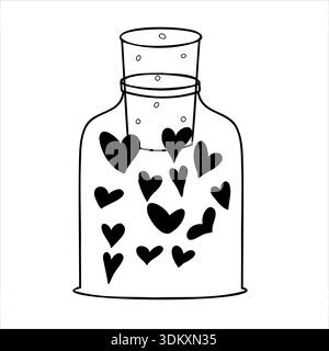Flasche gefüllt mit Herzen, minimalistische schwarze Strichtinte. Handgezeichnete Vektorgrafik Stock Vektor