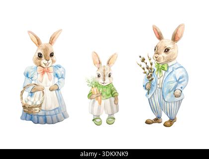 Osterhasen, eine Mutter in einem Kleid, die einen Korb mit Eiern hält, ein Vater in einem Anzug, der Weidenzweige hält, und ein Baby, das eine Karotte hält. Handgezogenes Wasser Stockfoto