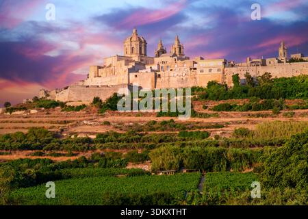 Mdina, antike und historische Stadt, alte Hauptstadt von Malta Scenic View, Sonnenaufgang Mdina, Malta, Europa Stockfoto