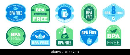 BPA-freies Logo-Vektorset. Keine Symbole für Bisphenol A und Phthalate für Gesundheit und Sicherheit. Ungiftige Aufkleber oder Embleme aus Kunststoff. Umweltfreundliches Produktetikett mit Wassertropfen, Blättern und Häkchen Stock Vektor