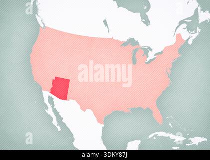 Arizona auf der Karte der Vereinigten Staaten von Amerika mit weich gestreiftem Vintage-Hintergrund. Stockfoto