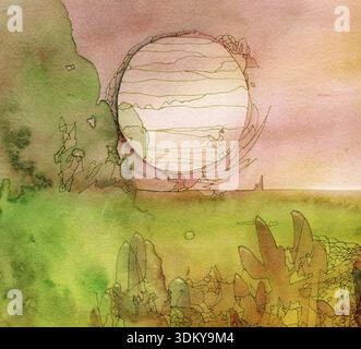Abstrakt gemalt Original Aquarell und Tinte Stift Hintergrund Textur - Sonnenlandschaft Stockfoto